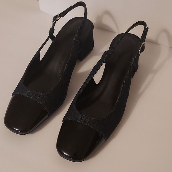 Spectator Pump Blue Denim and Black Patent Slingback block heel Size 7 - Picture 5 of 16